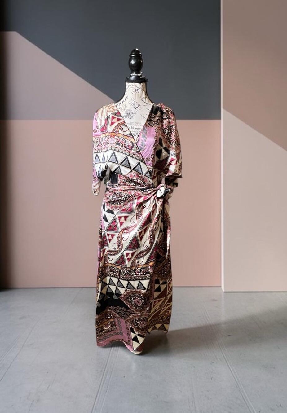 NWOT MISA Los Angeles Patchwork Geometric Scarf Satin Wrap Maxi Dress Size S New